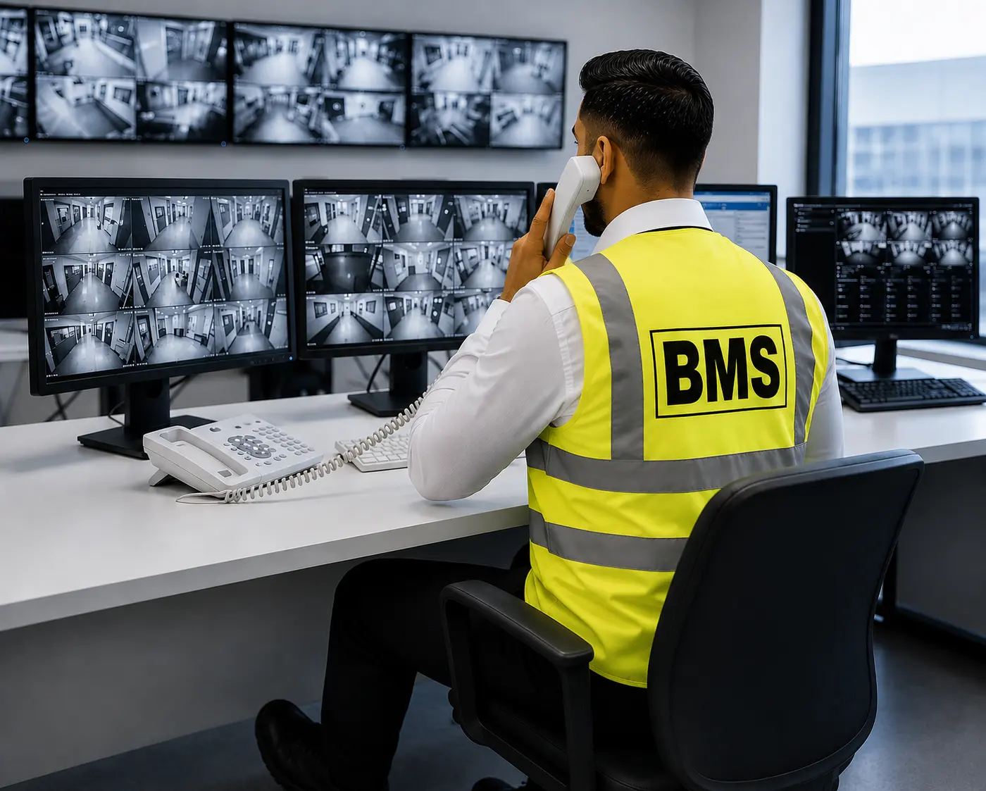 BMS security officer monitoring CCTV surveillance screens